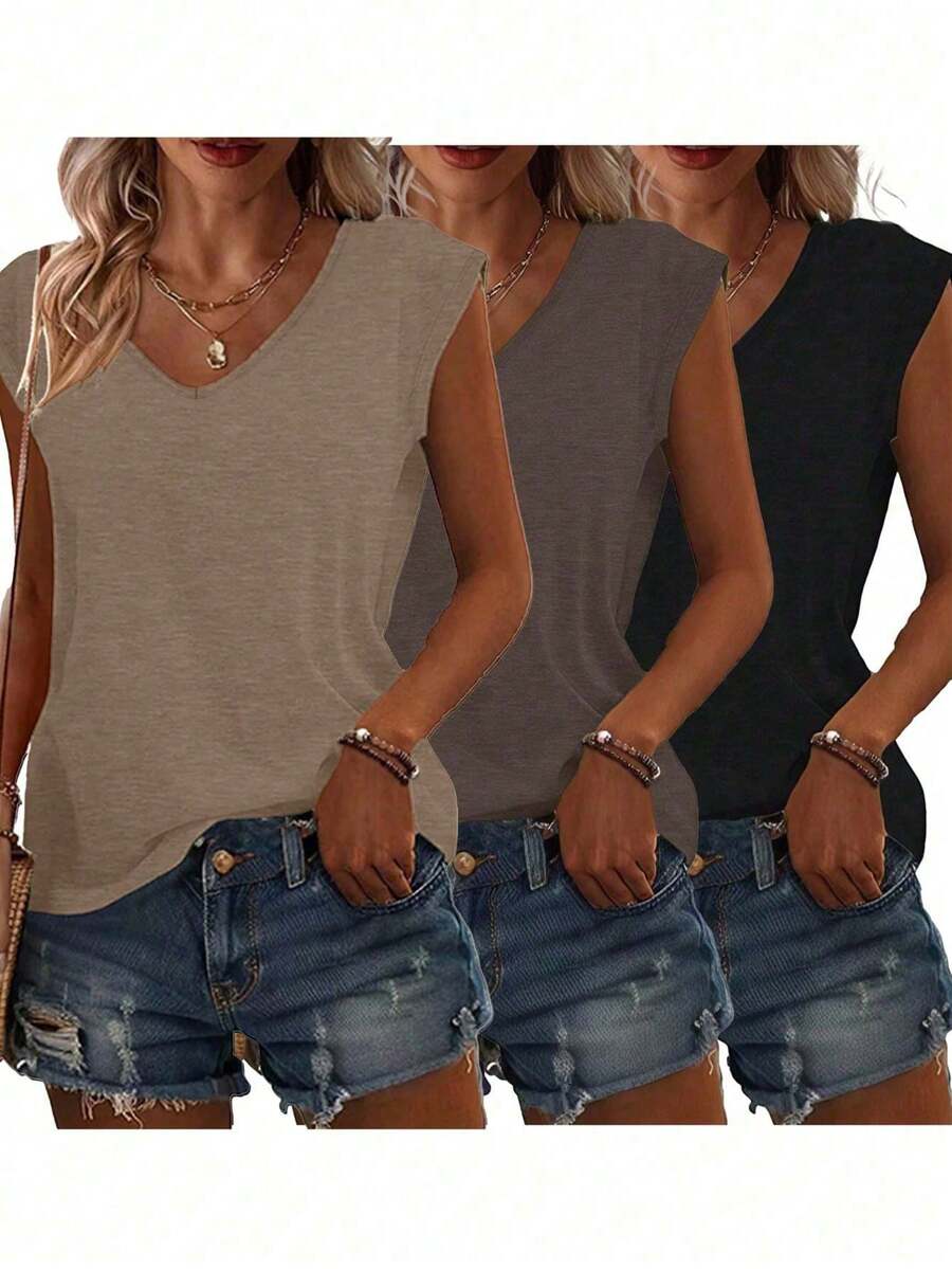 3pcs Solid Color Plus Size V-Neck T-Shirts, Casual Short Sleeve T-Shirts Spring/Summer, Women's Clothing