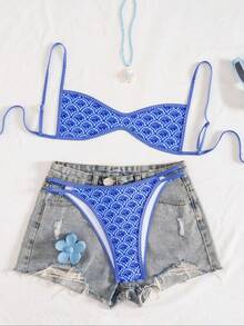 TIN Conjunto de bikini para mujer de dos piezas con estampado floral, traje de baño casual y elegante para vacaciones en la playa, ropa de verano para mujeres - Negro - Ver 9