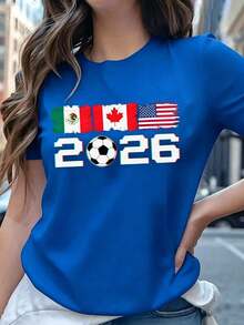 Women's Black T-Shirt Mexico Canada USA 2026 With Flags And Ball, Aesthetic World Cup Venues Short Sleeve Shirt, Modern Fan Top United 2026 - 藍色的 - 查看 1