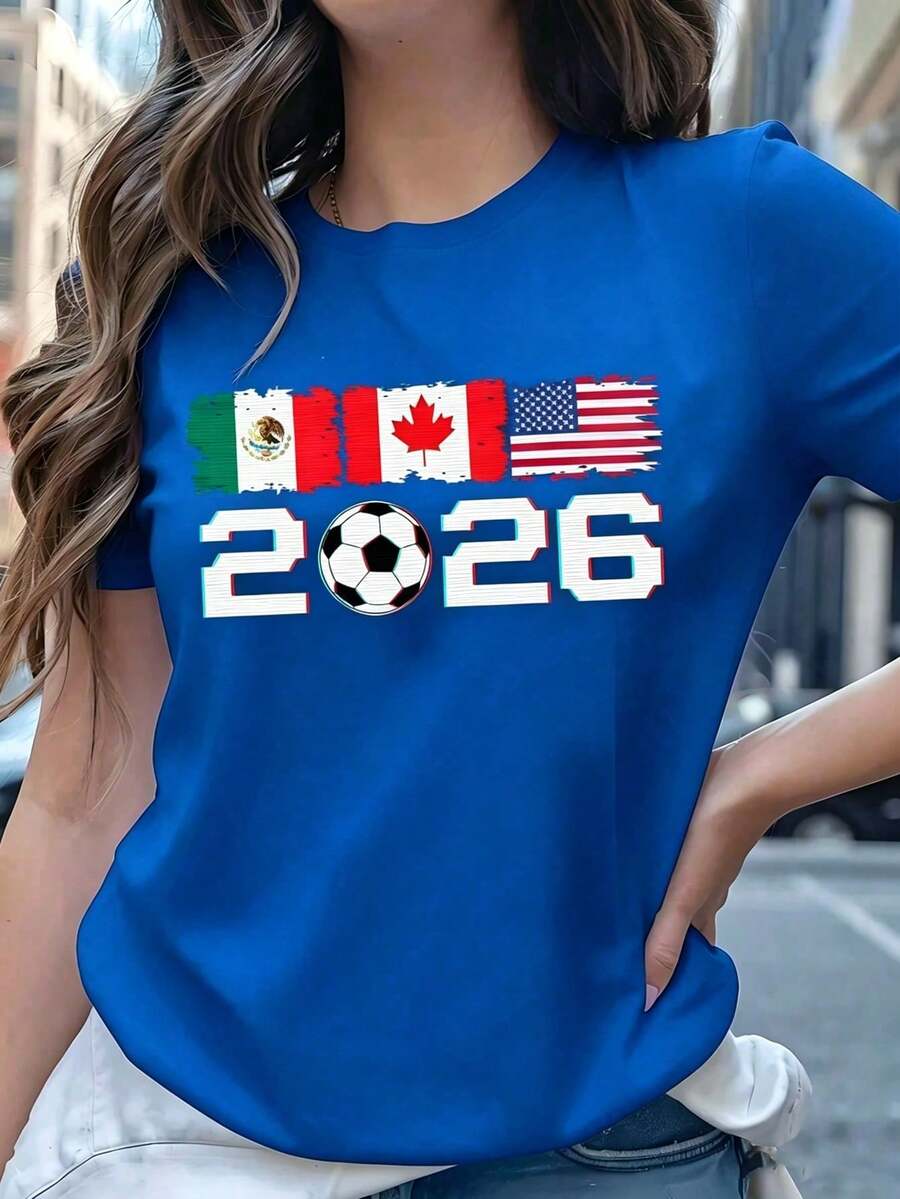 Women's Black T-Shirt Mexico Canada USA 2026 With Flags And Ball, Aesthetic World Cup Venues Short Sleeve Shirt, Modern Fan Top United 2026 - 藍色的 - 查看 1