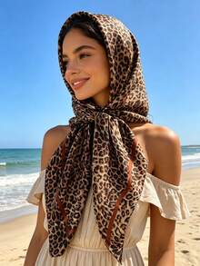 1pc Women's Fashion Leopard Print 90cm Square Scarf, Multifunctional Headscarf, Suitable For All Seasons Outfit Matching - Coffee Brown - View 2