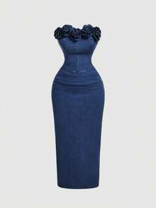 Women Denim Dresses - Dark Washed Blue - View 1