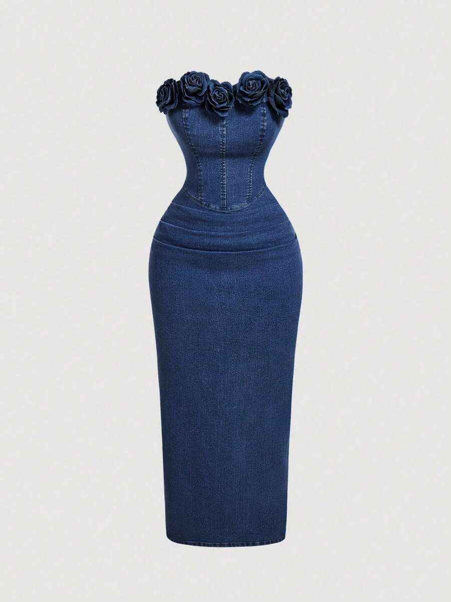 Women Denim Dresses - Dark Washed Blue - View 1