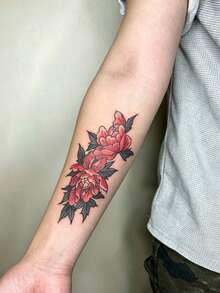 1 Pc Bold Traditional Japanese Red Peony Temporary Tattoo Sticker, Waterproof Long Lasting Fake Tattoo, Edgy Floral Body Art For Forearms & Arms - Multicolor - View 3