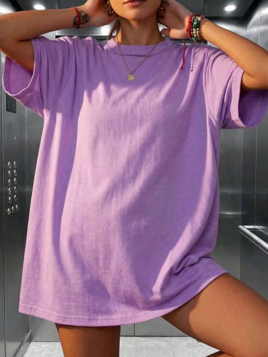 Women's Loose Long Solid Color Round Neck Short Sleeve T-Shirt, Minimalist, Suitable For Spring/Summer Everyday Wear Casual