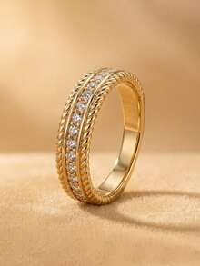 1pc Elegant Cubic Zirconia Gold Rope Textured Ring, High-Quality Jewelry, Fade-Resistant, Hypoallergenic, Suitable For Women's Party, Daily Wear And Holiday Gift - Gold - View 3