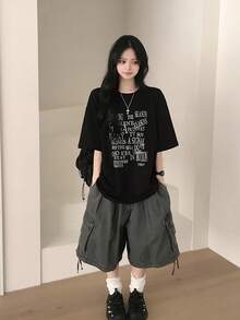 Camiseta Unisex de Algodón con Estampado de Letras, Estilo Casual Coreano y Japonés, Corte Holgado, Nueva Colección Primavera Verano VFCT - Negro - Ver 2
