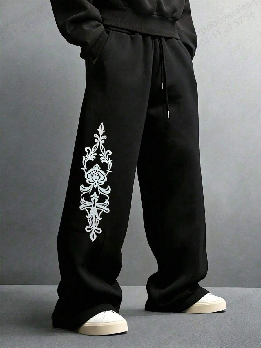 男士休閒寬鬆印花運動長褲，直筒褲管，春夏運動款 - 黑色 - 查看 1