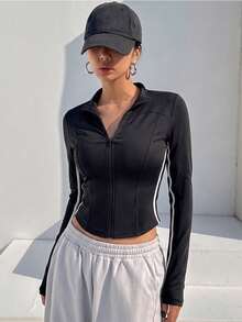 CZJ Chaqueta deportiva entallada para mujer con franjas en contraste, cuello alto con cremallera, manga larga, tela elástica de secado rápido, ideal para entrenamiento diario - Negro - Ver 1