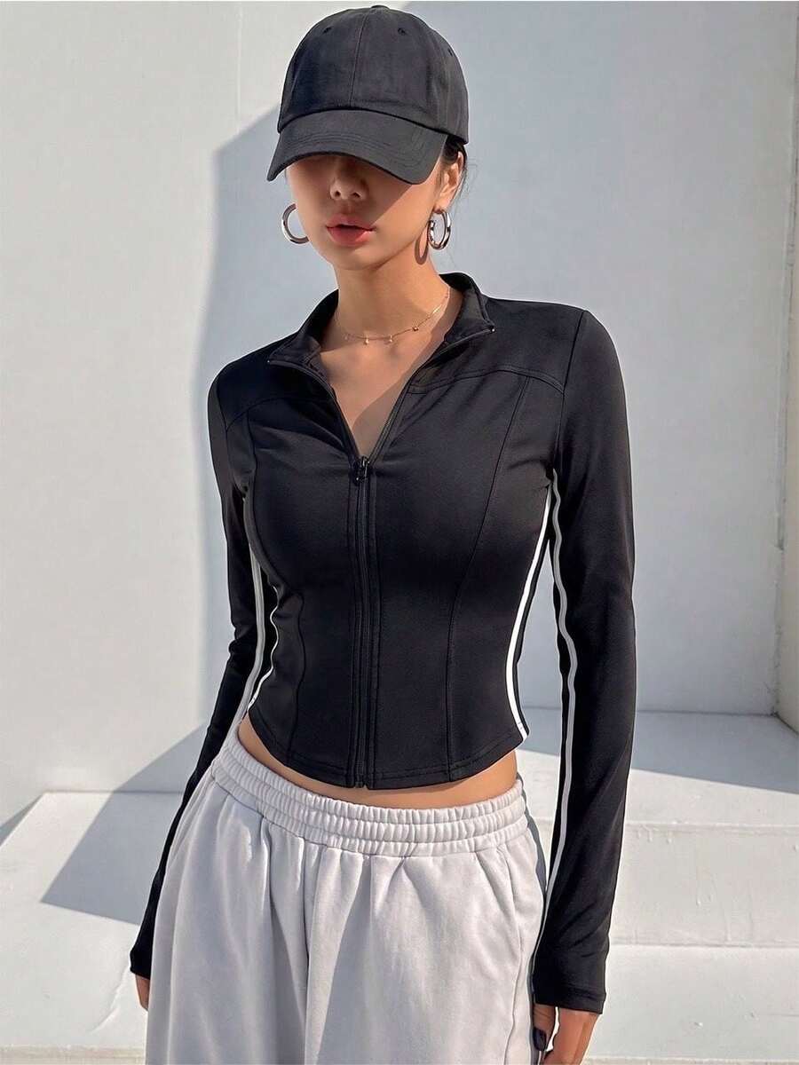 CZJ Chaqueta deportiva entallada para mujer con franjas en contraste, cuello alto con cremallera, manga larga, tela elástica de secado rápido, ideal para entrenamiento diario - Negro - Ver 1