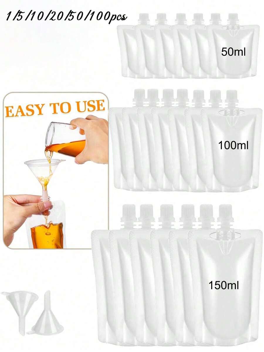 1/5/10/20/50/100入 咖啡液體包裝袋，便攜式飲料袋，果汁袋，冷熱飲自立式容器，透明出水口袋，防漏，高品質，果汁袋塑膠飲料袋，透明便攜式戶外水袋，一次性旅行防漏擠壓袋，可重複使用密封液體袋，適用於存放酒精飲料、牛奶及其他飲料、水瓶