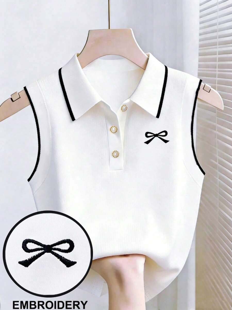Blusa sin mangas de verano casual para mujer con bordado de lazo y botones a cuarto - Blanco - Ver 1