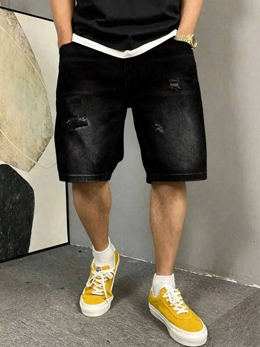 男士夏季水洗休閒復古做舊牛仔短褲 - 黑色 - 查看 1