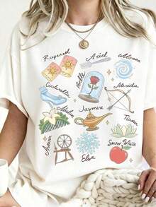 Maglietta con stampa Disney Line Sketch, collo tondo morbido micro-elastico, top casual estivo unisex, per uso quotidiano & regalo per le vacanze - Bianco - Visualizzare 1