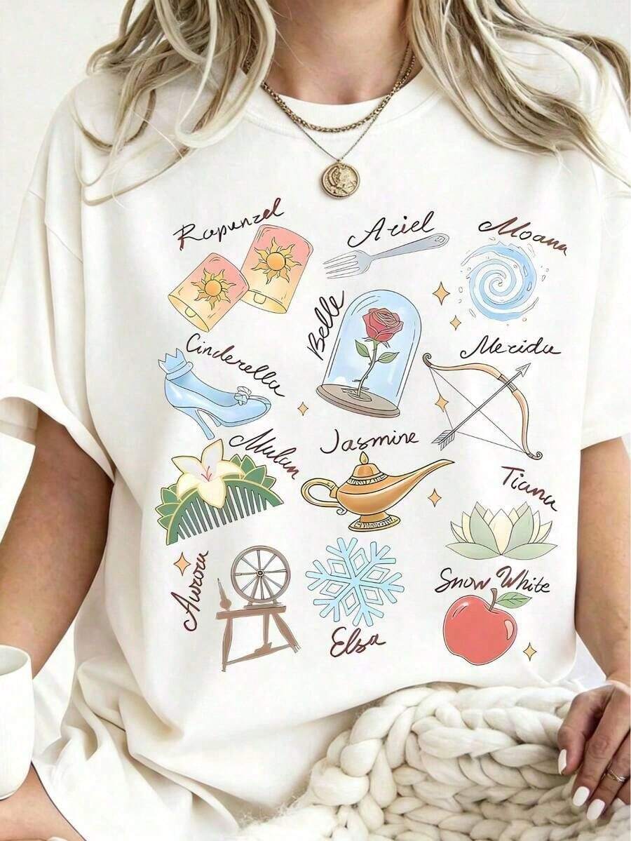 Maglietta con stampa Disney Line Sketch, collo tondo morbido micro-elastico, top casual estivo unisex, per uso quotidiano & regalo per le vacanze - Bianco - Visualizzare 1