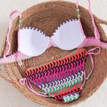 YijiaNvz Swim Vcay Conjunto de 2 piezas de traje de baño para mujer, elegante y minimalista para vacaciones, con escote halter, parches y cuentas, color aleatorio, ropa de playa para damas - Multicolor - Ver 10