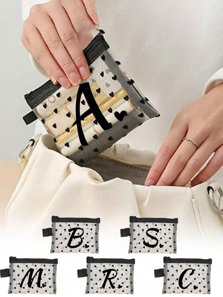 可愛心形透明網格包,字母圖案迷你收納袋,便攜式化妝包,多功能旅行收納袋,口紅與護膚品收納化妝包,網格拉鍊袋,旅行化妝品整理袋,網格盥洗用品袋,包裝收納袋,簡約高級,配件收納,適合宿舍收納、旅行、商務、游泳、居家收納,可用作母親節、派對、週年紀念、返校、畢業季禮物 - 彩色 - 查看 1