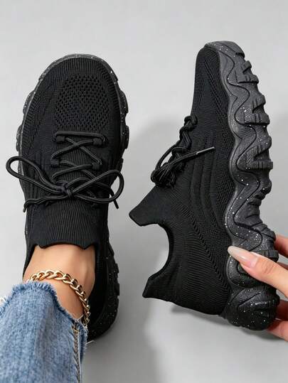 Teen Girls Black Chunky Sneakers Women Breathable Walking Shoes EVA Lightweight Sole
