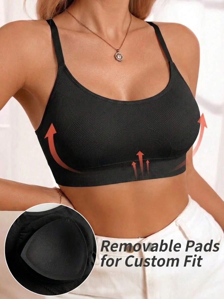 1 Stück Stück schwarzer nahtloser gerippter Sport-BH, U-förmiger tiefer Ausschnitt, verstellbare doppelte Spaghettiträger, rückenfreies Design, abnehmbare gepolsterte Cups mit Push-up-Unterstützung, breites elastisches Band für sicheren Sitz, bügelloser BH für Yoga, Fitness, Laufen, Zuhause und tägliches Tragen - Schwarz - Übersicht 1