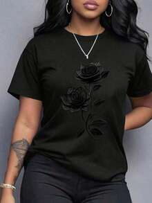 Oversized T-Shirt With Rose Print - 100% Cotton, Short Sleeve, Crew Neck | Comfortable And Casual Style Suitable For All Seasons, Machine Washable, Elegant Floral Design Suitable For Everyday Wear And Special Occasions. 100% Cotton. - 黑色1 - 查看 9