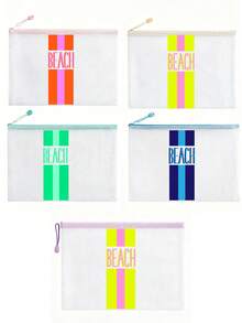 多色時尚防水PVC沙灘包，對比色條紋「Beach」印花，彩色字母印花，A4尺寸，透明化妝包，尼龍拉鍊，適合游泳、潛水和夏季度假，輕量，中性，沙灘包配件，旅行必需品，旅行配件，度假必需品。開學用品盥洗包，大容量洗澡包，女性禮物，郵輪必需品 - 彩色 - 查看 9