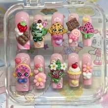 Handmade Nails Press On,Hard And Durable Nail Art,Handmade Kawaii Dessert Press On Nails | Shopkins-Inspired Characters, Chocolate, Donut & Ice Cream | Long Coffin Nails For Cute Sweet Vibes Summer Nail Art / Applicable To 899 Regions - 玫紅色 - 查看 6