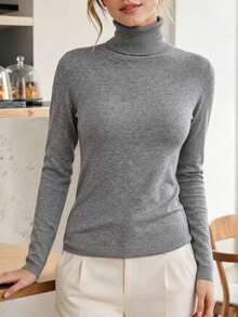 Women's Minimalist High Neck Knit Sweater, Slim Fit Long Sleeve Ribbed Cuff Warm Base Layer Sweater, Versatile Commuter Top For Autumn/Winter - Grey - View 4