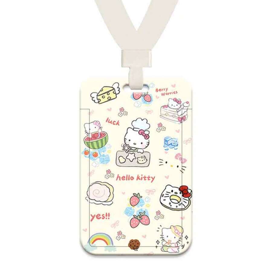 MINISO 可愛三麗鷗 Hello Kitty 角色直立式滑動卡套,附掛繩或編織皮革掛繩的動漫 ID 識別證套,開學季送給青少年女孩學生的禮物 - 樣式 2 - 查看 1