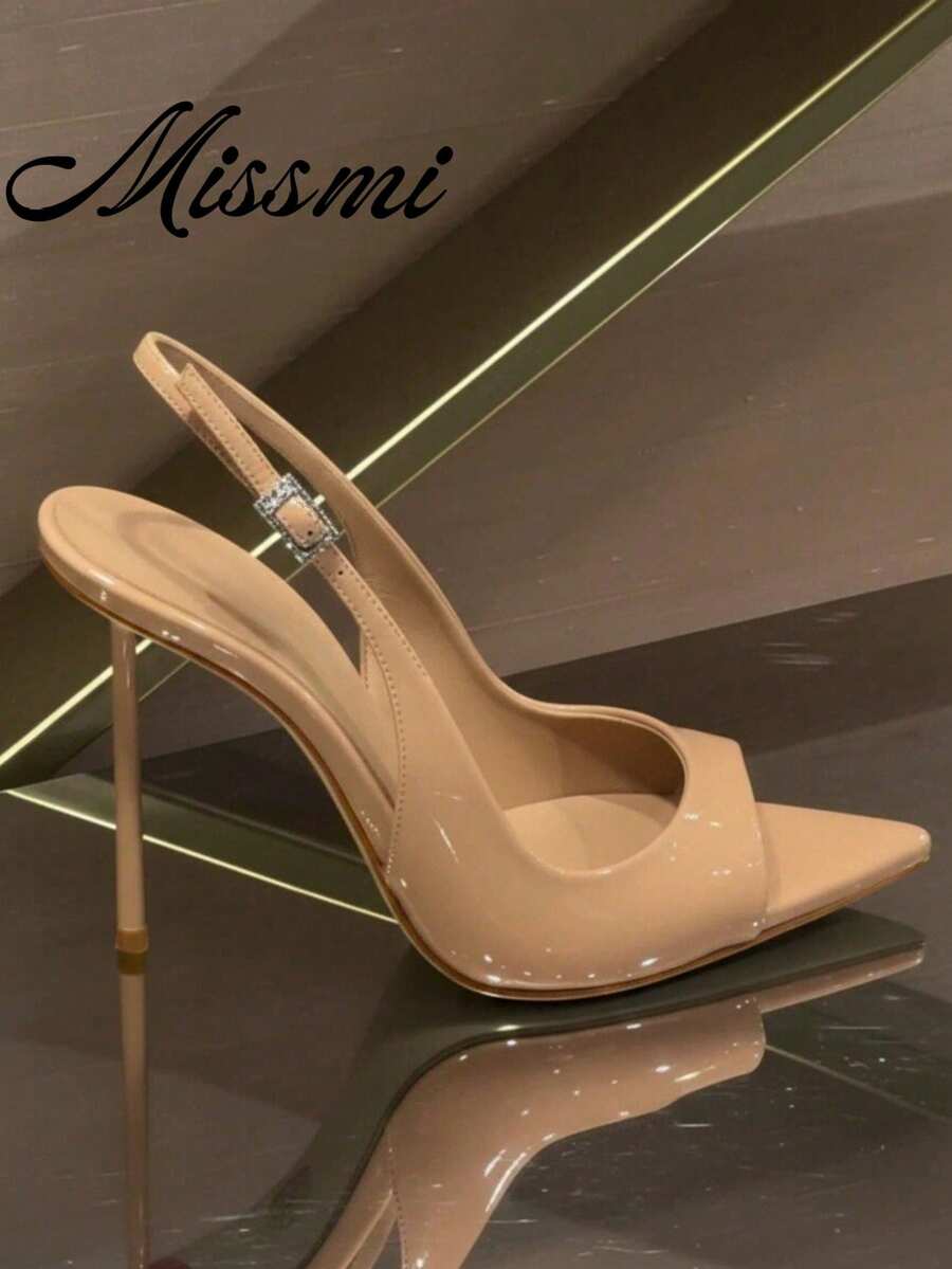 Zapatos de tacón alto tipo stiletto con punta roja para mujer, primavera 2026, nuevos, de vamp bajo, con hebilla de strass, sin talón, sexys - Albaricoque - Ver 1