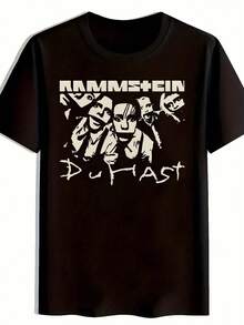 Camiseta Gráfica de la Banda Rammstein para Hombre - Estampado Desgastado en Blanco y Negro, Cuello Redondo, Lavable a Máquina, Ropa Casual para Amantes de la Música y Asistentes a Concierto - Negro - Ver 1