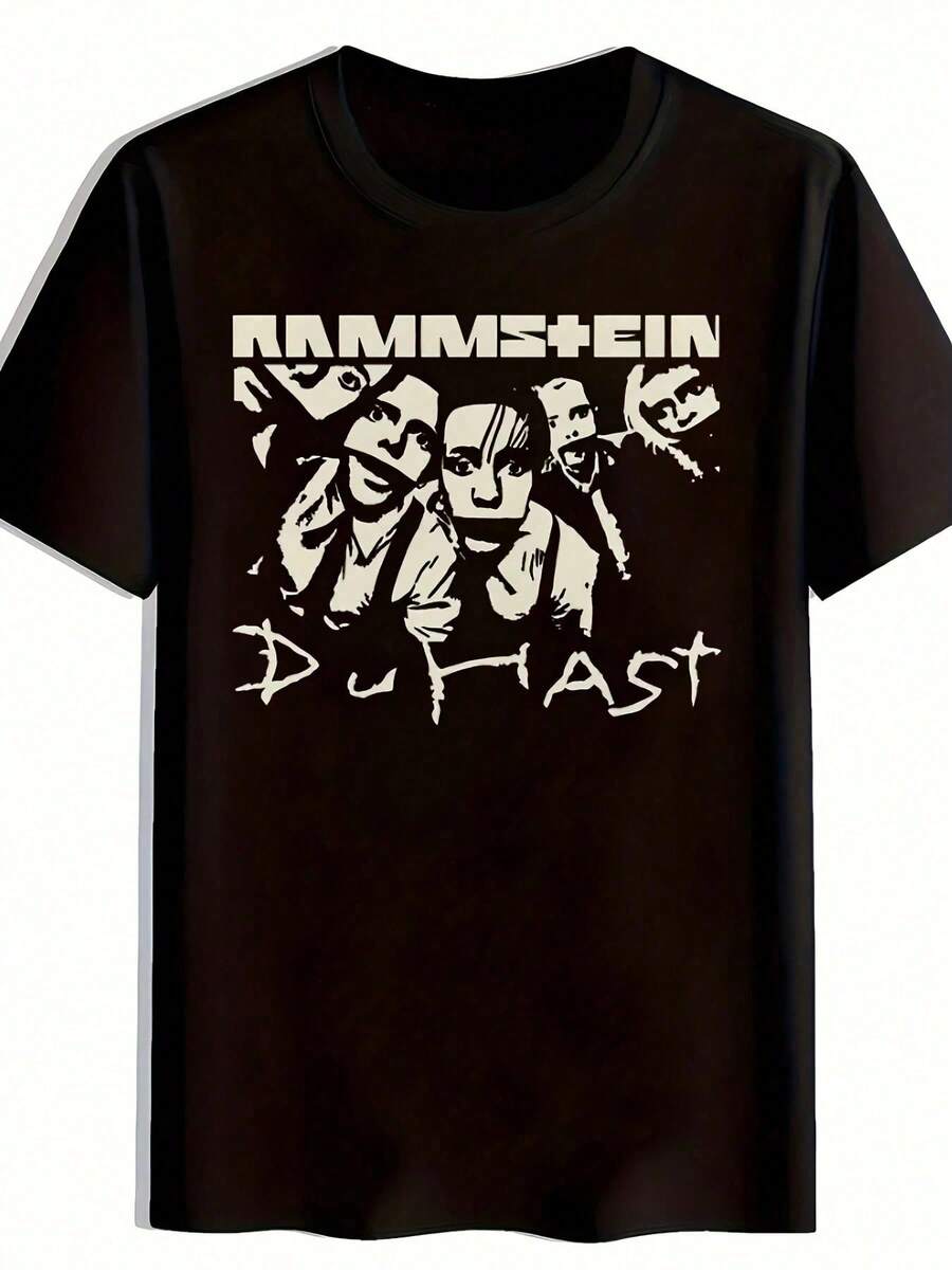 Camiseta Gráfica de la Banda Rammstein para Hombre - Estampado Desgastado en Blanco y Negro, Cuello Redondo, Lavable a Máquina, Ropa Casual para Amantes de la Música y Asistentes a Concierto - Negro - Ver 1