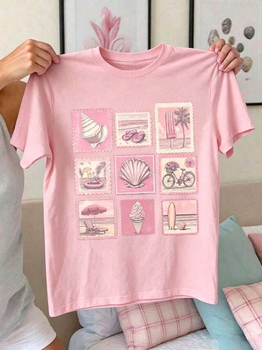 Summer New Style T-Shirt With Sleeves Retro Stamps, Seashell Ice Cream, Surfing Board. Printed Casual Plus-Size T-Shirt. A Gift For Friends, Parents. - 粉色 - 查看 1