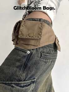 Sac de taille rétro Y2K style mode japonaise & coréenne pour femme, ceinture porte-cartes à sangle multi-œillets, accessoire de taille pour styliser la tenue, pochette de taille carrée streetwear pour pièces et écouteurs - Kaki - Voir 3