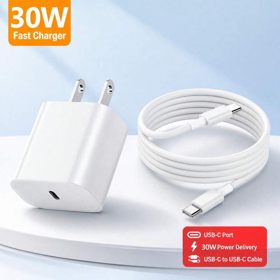 30W Fast Charging Set USB-C Fast Charging Adapter Charging Block, With 3.3FT/100cm Long Charging Cable Data Line USB-C To Type-C Charging Set, Compatible With IPhone 17 16 15 Pro Max Plus, Apple Portable Charging Set - US A Type Plug(110-127V) - View 1