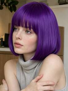 Women's 12 Inch Deep Purple Shoulder-Length Straight Wig With Bangs, High-Temperature Fiber Synthetic Wig, Fashionable Elegant Versatile Style, Suitable For Cosplay, Party, Daily Wear, Universal For All Women, Soft Smooth Easy To Maintain,Halloween - Dark Purple - View 3
