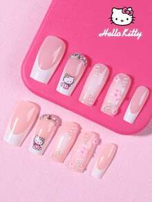 SANRIO 三麗鷗 Hello Kitty 24入中型棺材形白色法式穿戴式假指甲，可愛 Hello Kitty、蝴蝶結、花朵、珍珠與水鑽設計，春夏美甲藝術，完美貼合壓克力假指甲組，適合女孩日常與派對使用 - 彩色 - 查看 2