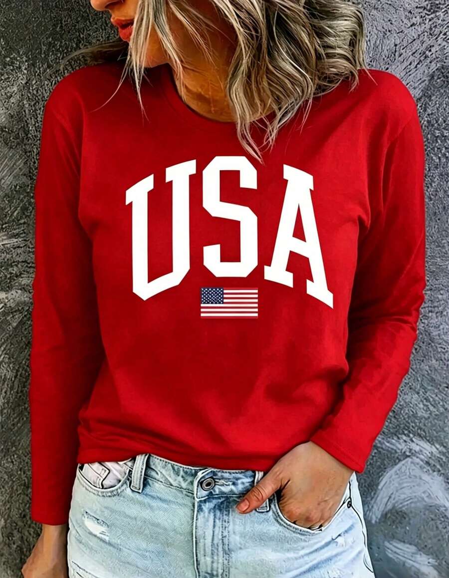 Women's USA Flag Long Sleeve Tee, Patriotic Crewneck Top, Loose Soft Fit, 4th Of July Outfit, US Pride Minimalist American Casual Everyday Apparel - 紅色 - 查看 1