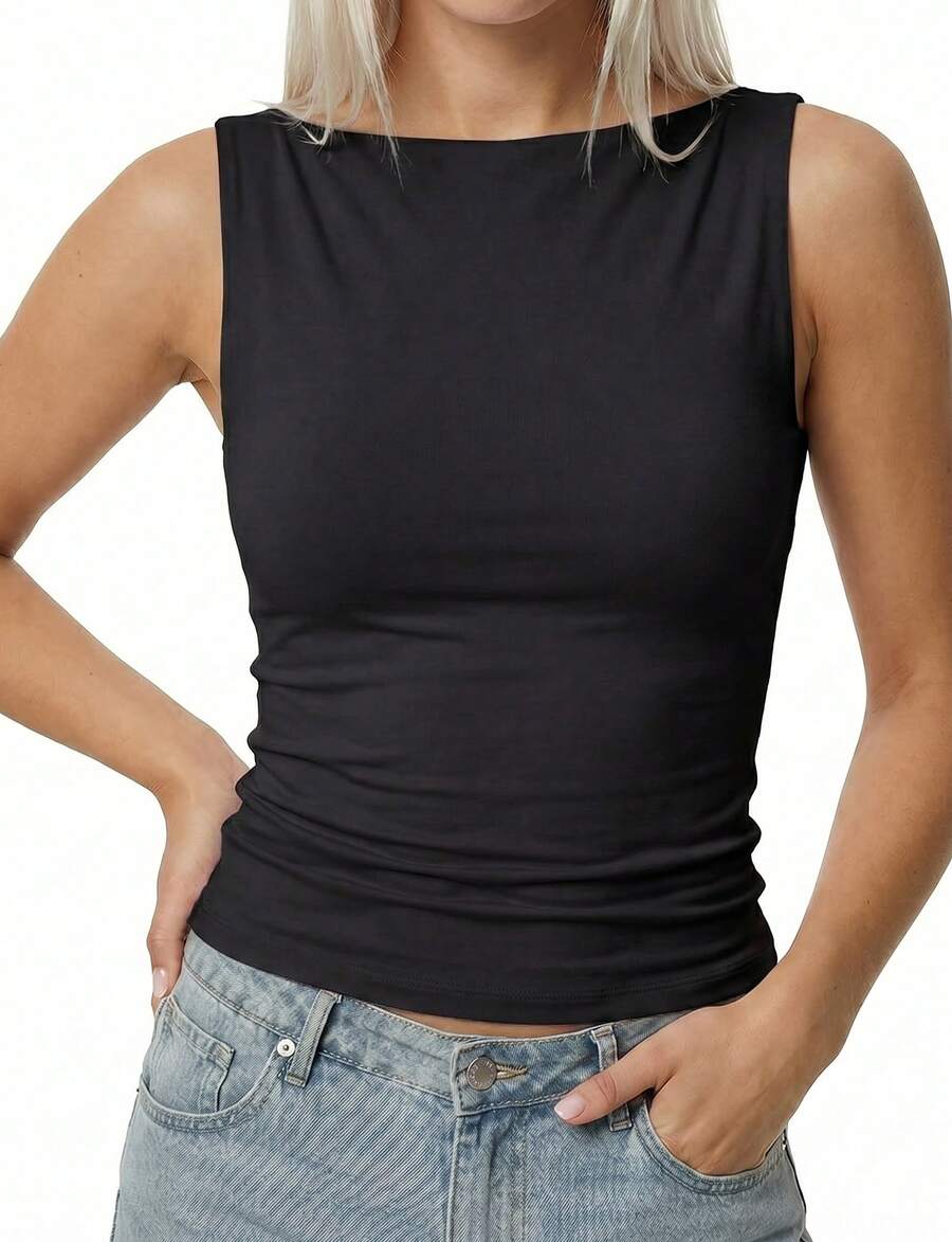 Women's  Boat Neck Sleeveless Tank Top Y2K Summer Camisole Fashion Slim Fit T Shirt For Going Out - 黑色 - 查看 1