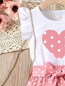 Young Girl Summer Casual Vacation Polka Dot Heart Print Ruffle Armhole Top And Tie Waist Skirt Set - Pink - View 4