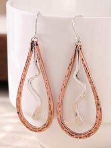 Women's Hanging Teardrop-Shaped Dual-Tone Earrings, Handmade Hammered Texture Vintage Design, Bohemian Style Elegant Earrings - Two-color - View 4