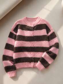 Soft Striped Sweater, Round Neck Fuzzy Knit Cardigan, Loose Versatile Youthful Long Sleeve Jacket, Autumn - Multicolor - View 6