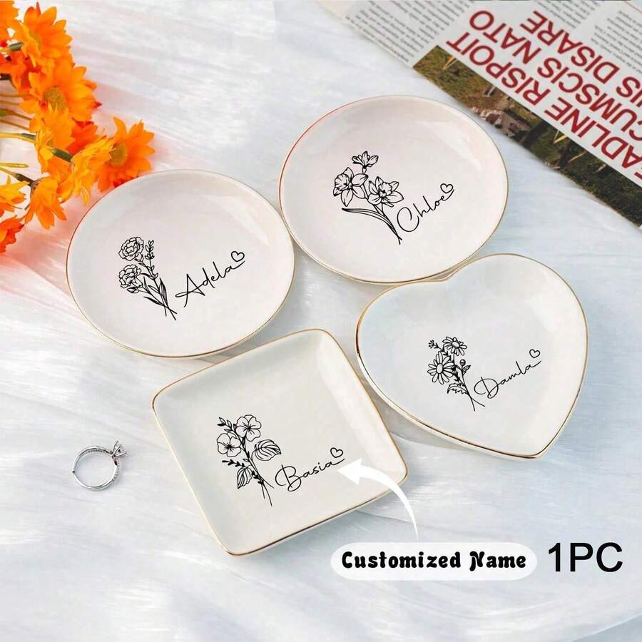 1pc Personalized Name Ring Dish, Custom Jewelry Dish, Wedding Ring Tray, Engagement Gift For Her, Wedding Gift, Bridal Shower Gift, Back To School, Home Living, Home Decor, Keepsake, Reusable, Cute, High Quality