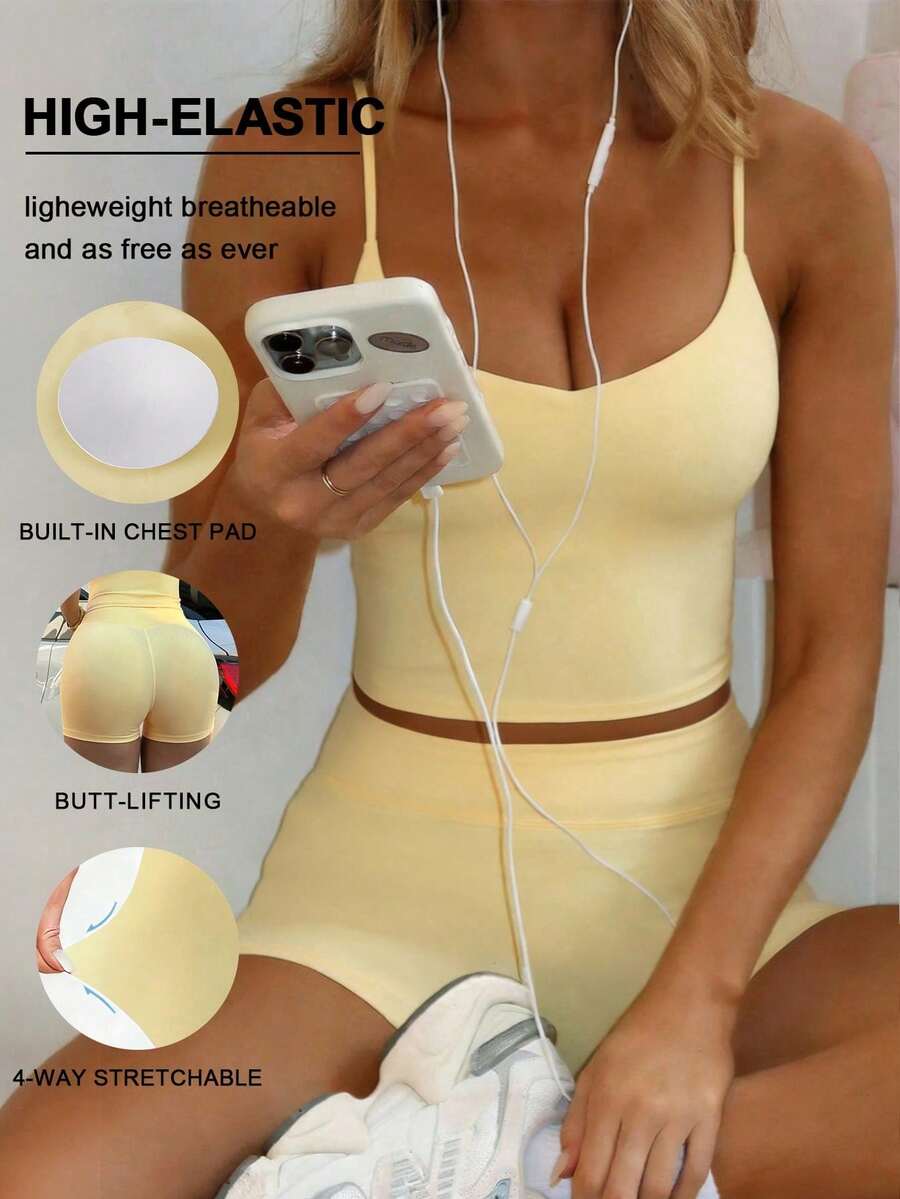 de mujer de dos piezas para verano, con top de tirantes escote en V y acolchado en el pecho, y shorts de cintura alta para yoga, running y gimnasio - Amarillo - Ver 1