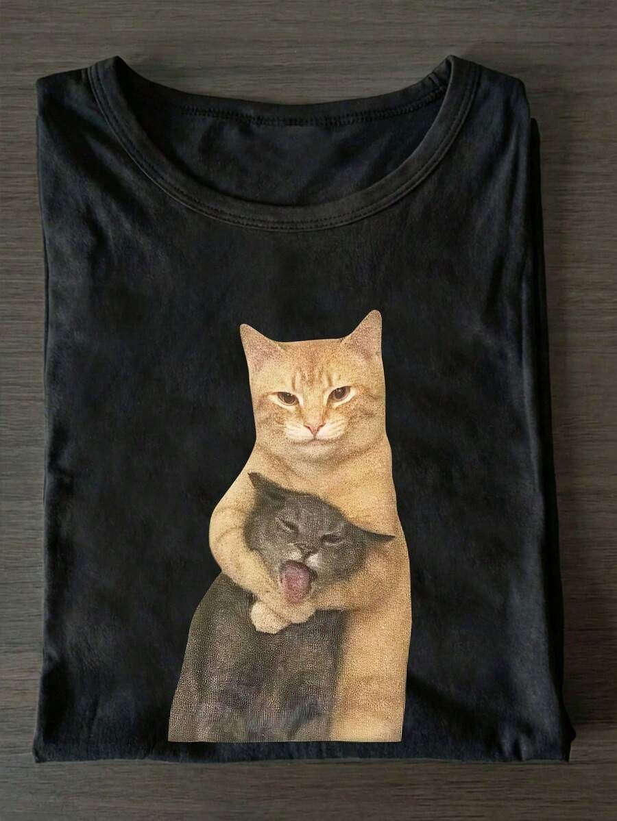 Short-Sleeved T-Shirt With Funny Cat Sticker Print, Women's T-Shirt, Women's Everyday Wear, Retro Black T-Shirt, Women's Clothing, Casual - 黑色 - 查看 1