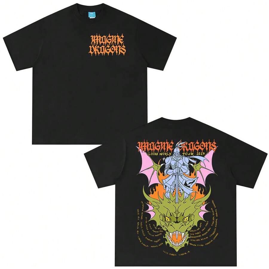 Camiseta de la banda Imagine Dragons, gira mundial Loom 2025, ropa para hombre y mujer, camiseta rock, punk, gótica, casual, de gran tamaño. - Negro - Ver 1