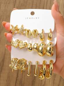 6-18PCS/Gold Rose Heart Starfish Crescent Moon C-Hook Fish Mouth Multi-Style Earring Set, Suitable For Summer Vacation Travel, Beach Outings, Daily Dates, Best Gift For Family And Friends - Gold - View 1