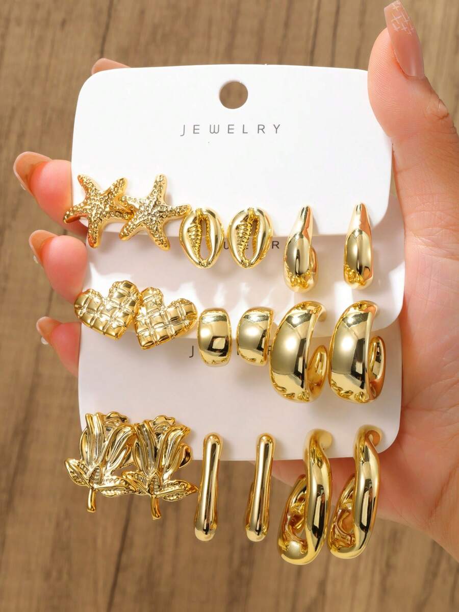 6-18PCS/Gold Rose Heart Starfish Crescent Moon C-Hook Fish Mouth Multi-Style Earring Set, Suitable For Summer Vacation Travel, Beach Outings, Daily Dates, Best Gift For Family And Friends - Gold - View 1