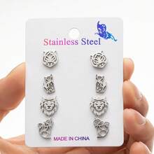 4 pares/set, pendientes de botón de acero inoxidable con cabeza de tigre, león, zorro, de moda, adecuados para hombres y mujeres, bodas y regalos - ZH006 - Ver 8