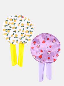 2 piezas Gorros de pelo redondos de satén con cinta elástica estampada para niños, adecuados para uso diario - JDKB-21E Morado fresa/Blanco mango - Ver 3