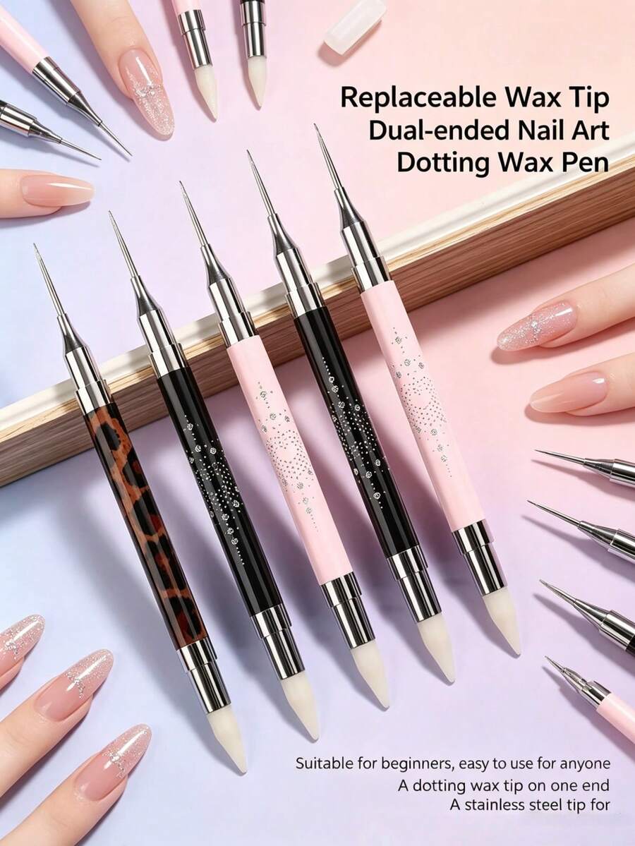 Dual-Ended Nail Art Dotting Wax Pencil Set, Replaceable Wax Tips, Stainless Steel Rhinestone Picker End For Rhinestone And Gemstone Application, Perfect For DIY Nail Art And Nail Salon Use - Multicolor - View 1